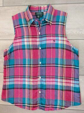 LAUREN Ralph Lauren Sleeveless 100% Linen Plaid Button Down Shirt–Women’s Large